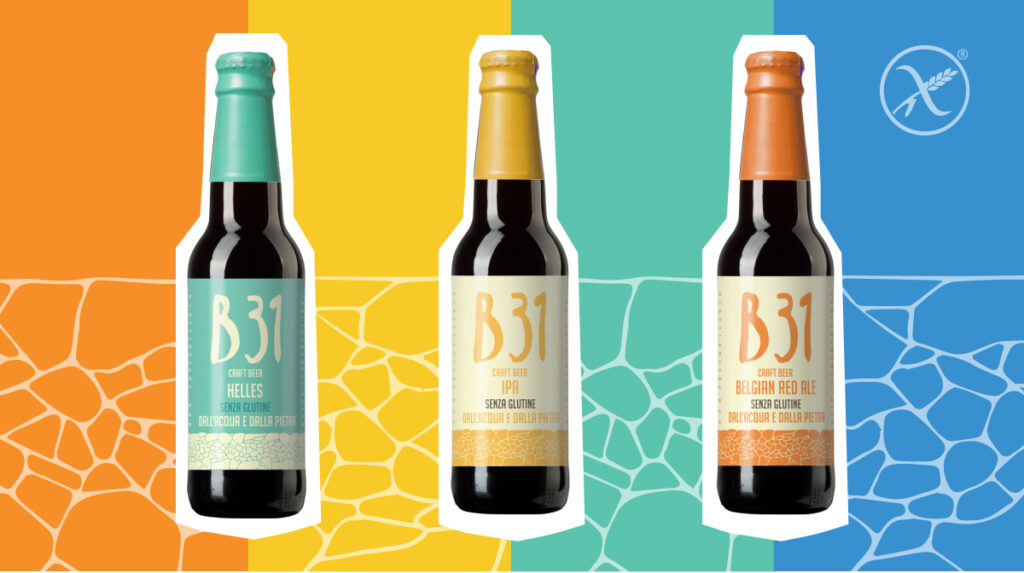 Tre birre artigianali B31 della linea Color Craft senza glutine, ciascuna con etichetta di colore diverso su sfondi colorati: Helles con etichetta azzurra, IPA con etichetta gialla, Belgian Red Ale con etichetta arancione