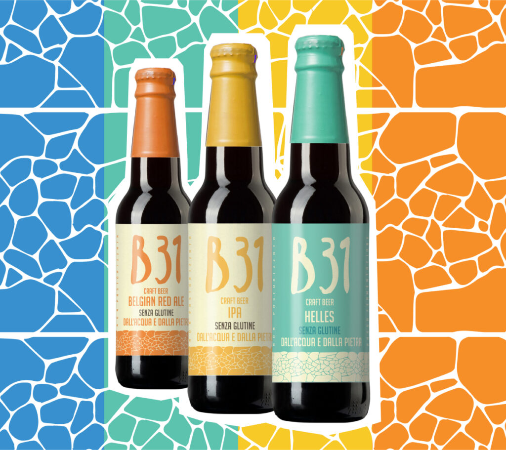 Tre birre artigianali B31 della linea Color Craft senza glutine, ciascuna con etichetta di colore diverso su sfondi colorati: Helles con etichetta azzurra, IPA con etichetta gialla, Belgian Red Ale con etichetta arancione