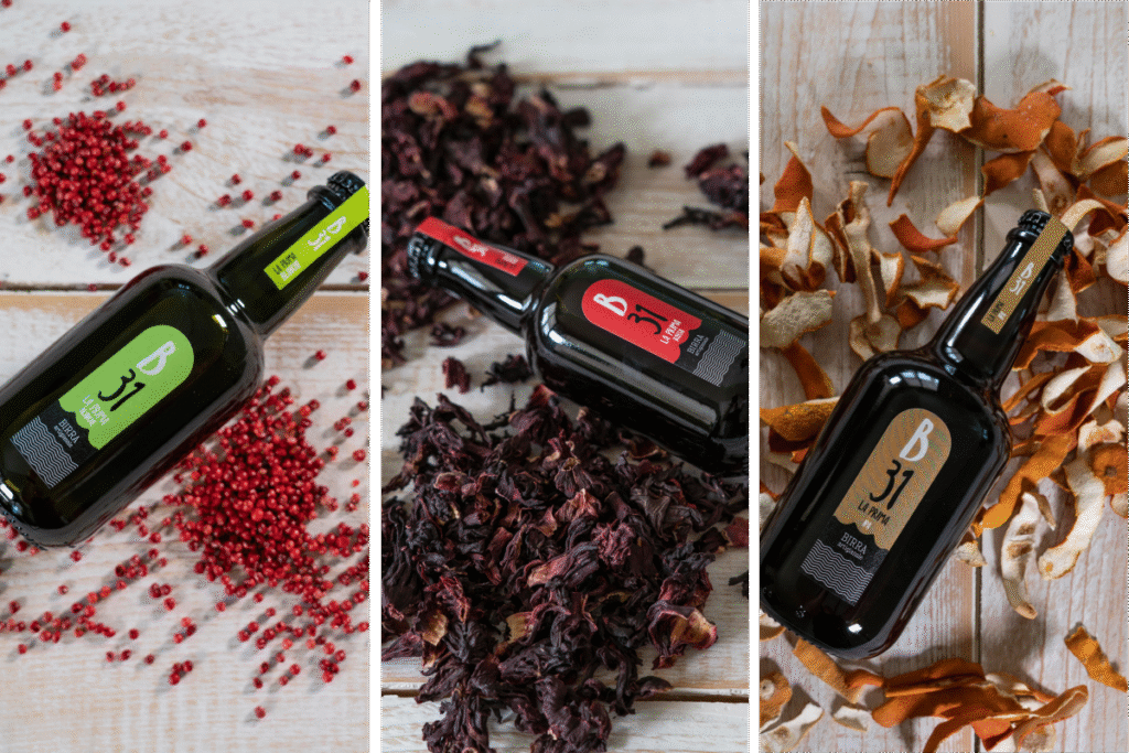 Bottiglie delle tre birre La Prima inquadrate singolarmente con gli ingredienti che ne caratterizzano aroma e stile.