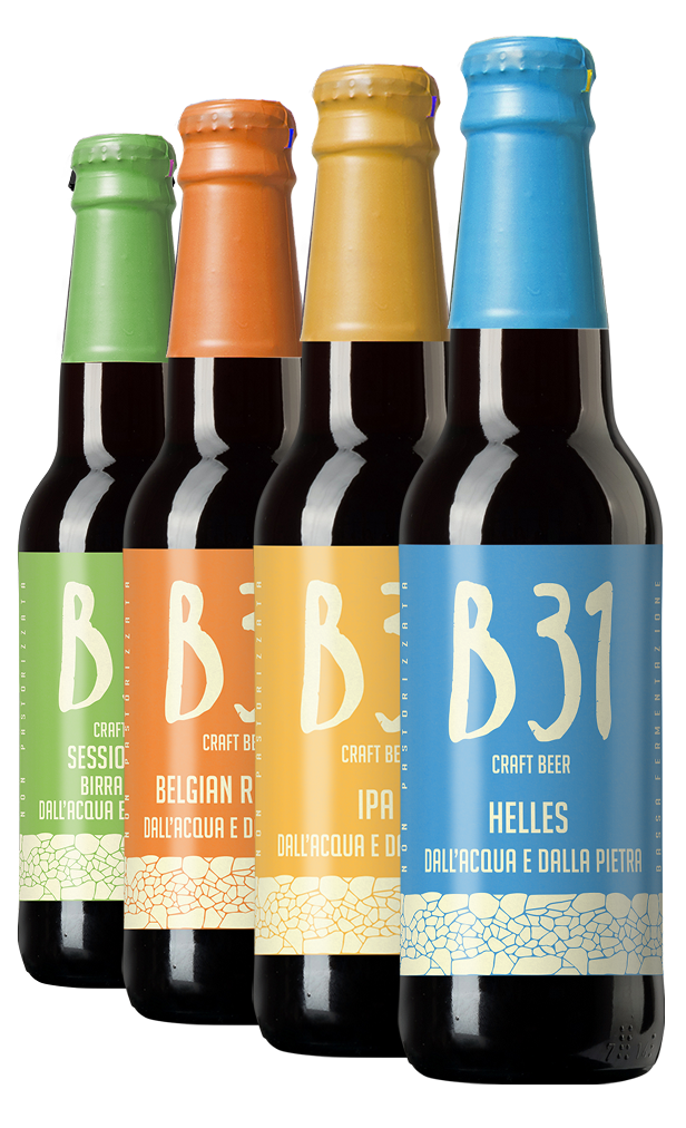 Le quattro birre artigianali B31 della linea Color Craft: Helles, IPA, Belgian Red Ale e Session Pils (birra light)