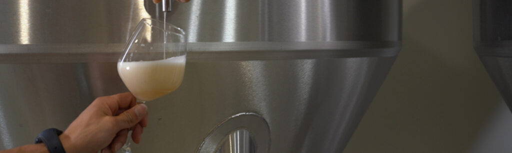 Controllo qualità: assaggio di birra direttamente dalla cisterna di fermentazione.
